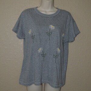 Sz 0 XS The Great. Gray Boxy Short Sleeve Embroidered Sunflower Tee T-Shirt